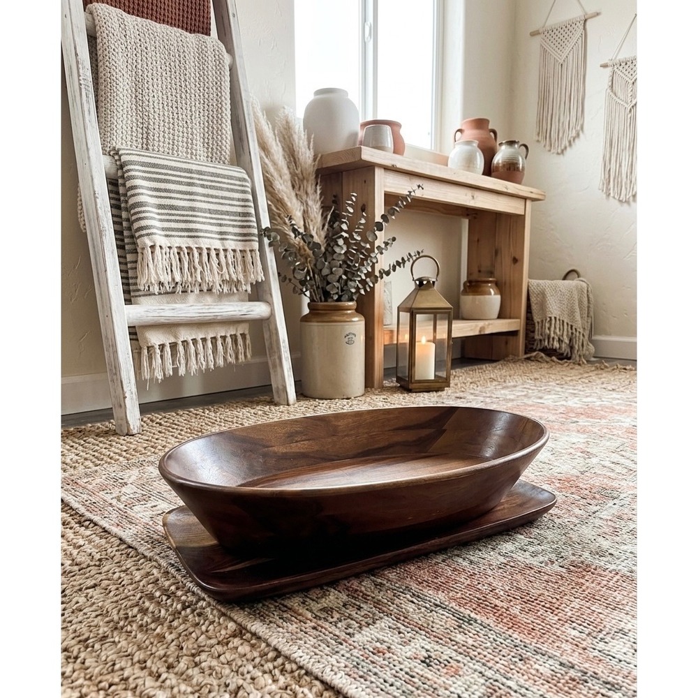 Pier 1 Imports Wooden Oval Bowl and Rectangular Tray Set Brown Sheesham Wood
